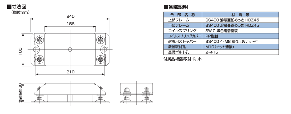 MCV型、MCV-C型、小荷重用スプリング防振ユニットの寸法図及び各部名称