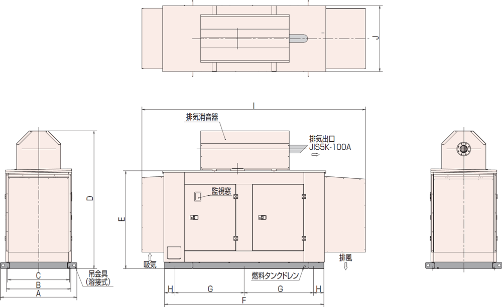 非常用発電機AP155D1屋外超低騒音タイプ（約75dB（A）at1mレベル）