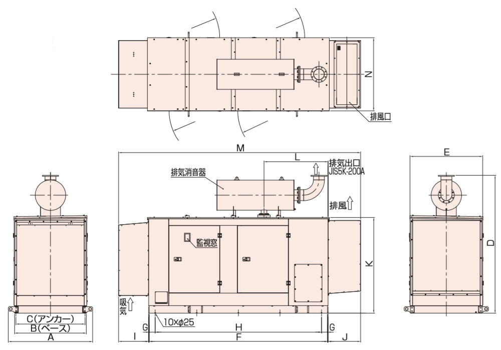 非常用発電機AP385E屋内低騒音タイプ（約85dB（A）at1mレベル）