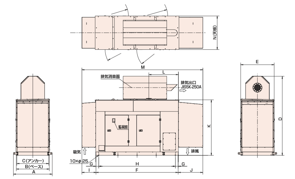 非常用発電機AP450E屋外低騒音タイプ（約85dB（A）at1mレベル）