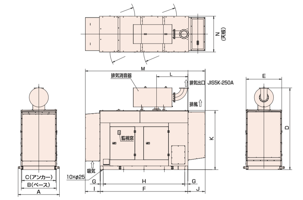 非常用発電機AP450E屋内低騒音タイプ（約85dB（A）at1mレベル）