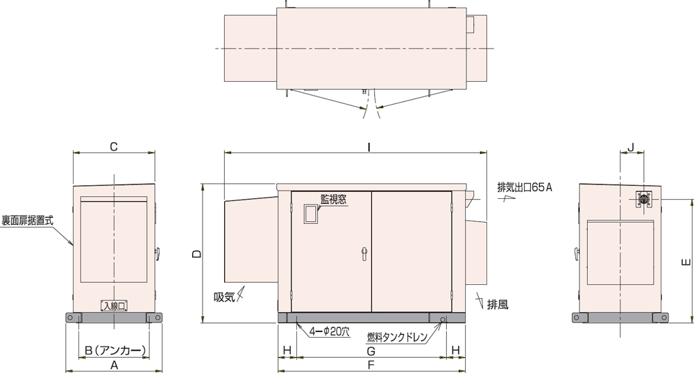 非常用発電機屋外低騒音タイプ(約85dB(A)at1mレベル)