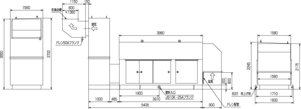 非常用発電機ガスタービンATG625/750エジェクター排気方式（屋外型）外形寸法